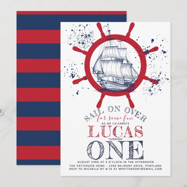 Invitación Nautical Sailor First Birday (Anverso / Reverso)