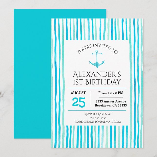 Invitación Nautical Sea Blue Watercolor Primer Cumpleaños (Anverso / Reverso)