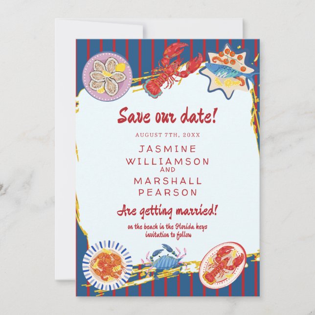 Invitación Nautical Seafood Stripe Save Our Date (Anverso)