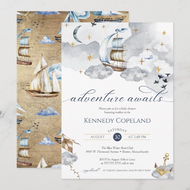 Invitación Nautical Ship Adventure espera a la Baby Shower so (Anverso / Reverso)