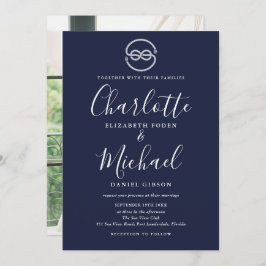 Invitación Nautical Ship Knot Navy Blue Script Photo Boda