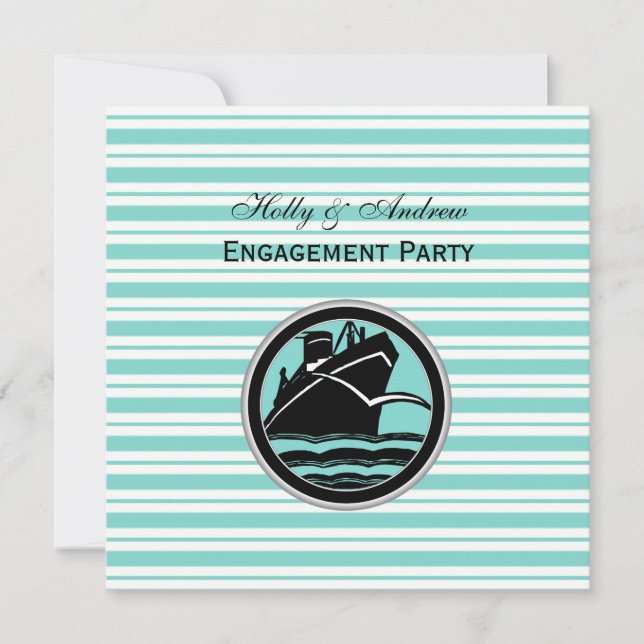 Invitación Nautical Ship Lt Blue White Stripe SQ Engagement (Anverso)