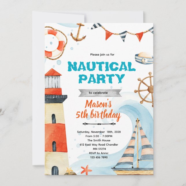 Invitación Nautical shower birthday party theme invite (Anverso)