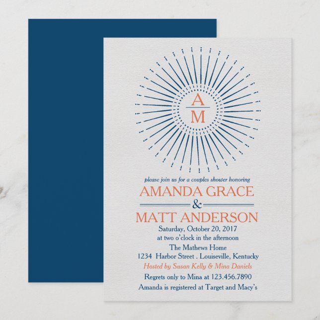 Invitación Nautical Starburst Naval y Naranja ducha de novias (Anverso / Reverso)
