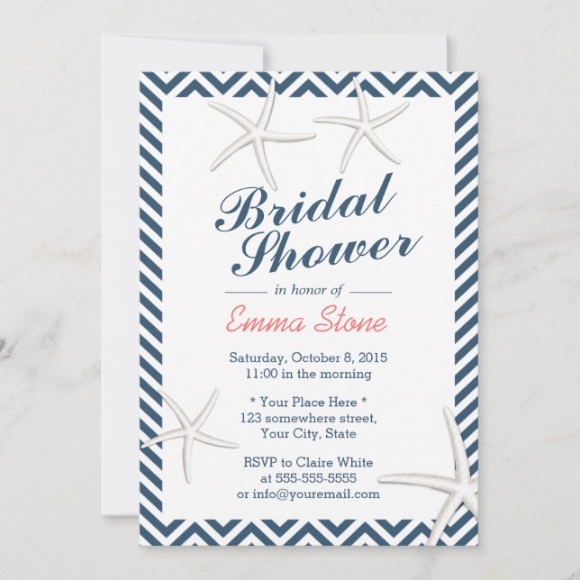 Invitación Nautical Starfishes Chevron Stripes Bridal Shower (Anverso)