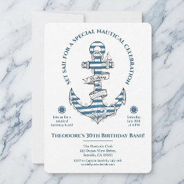 Invitación Nautical Striped Anchor Birthday Party Invitation