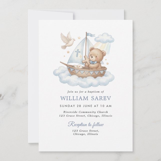 Invitación Nautical Teddy Bear Christening Blue Invitation (Anverso)