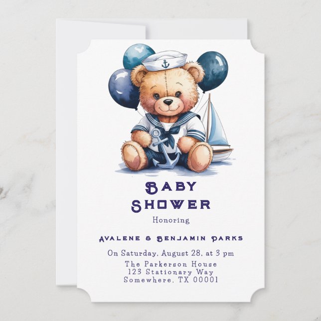 Invitación Nautical Teddy Bear Delight Boy Baby Shower (Anverso)