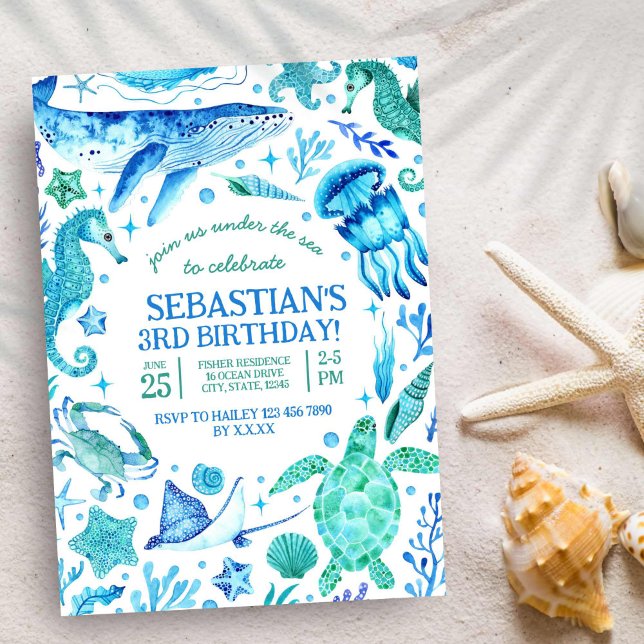 Invitación Nautical Under the Sea Blue Watercolor (Nautical Under the Sea Blue Watercolor Invitation)
