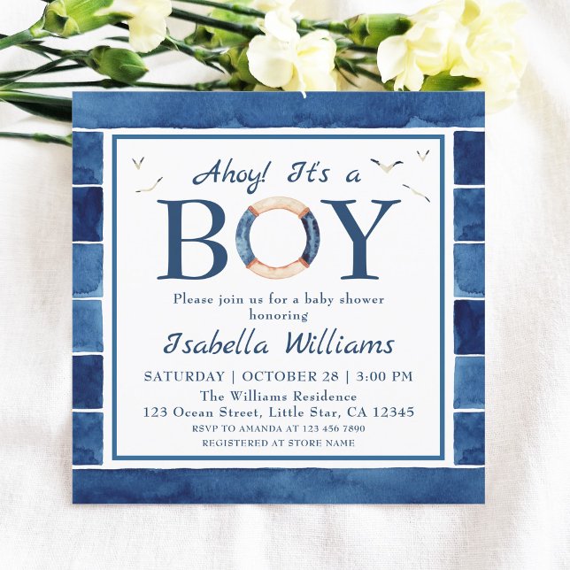 Invitación Nautical Watercolor Navy Blue Boy Baby Shower (Subido por el creador)