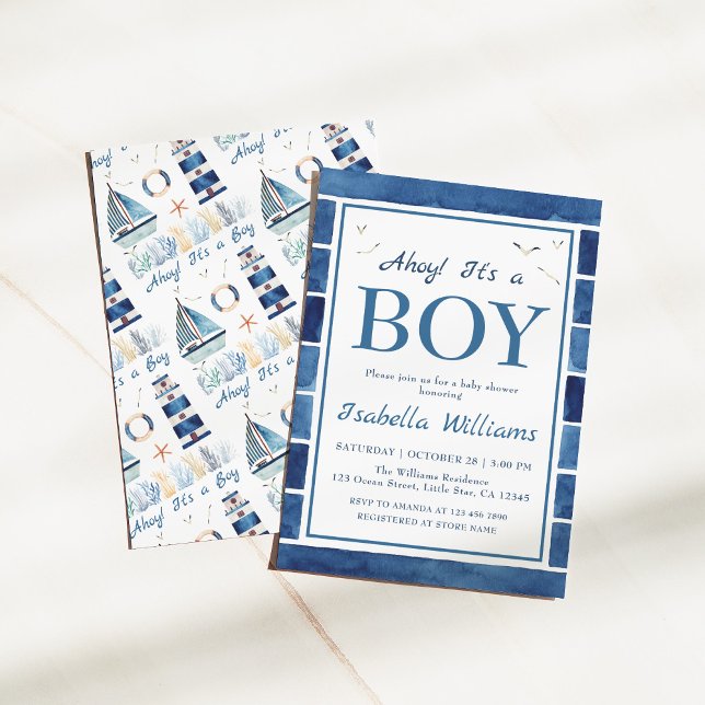 Invitación Nautical Watercolor Navy Blue Boy Baby Shower (Subido por el creador)