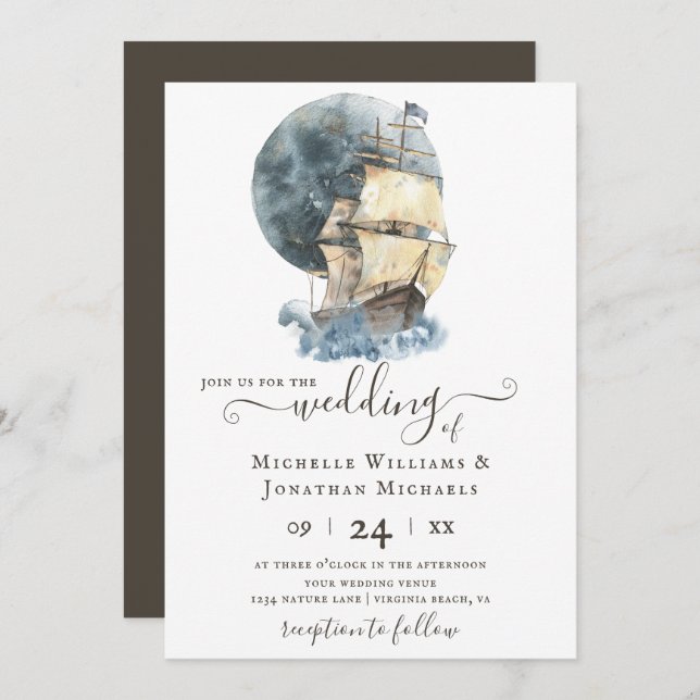 Invitación Nautical Watercolor Ship Vela Beach Wedding (Anverso / Reverso)
