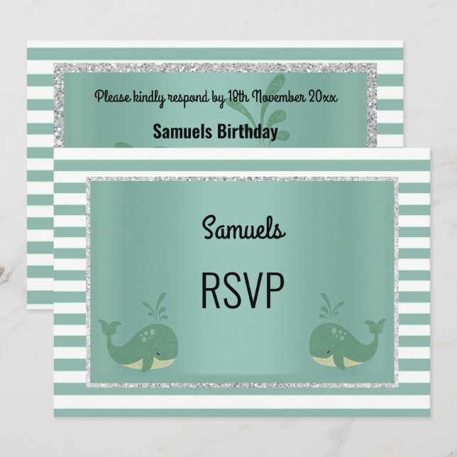 Invitación Nautical Whale Green White Stripe Cumpleaños RSVP (Anverso / Reverso)