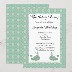 Invitación Nautical Whale Sage White Green Hexagon Cumpleaños