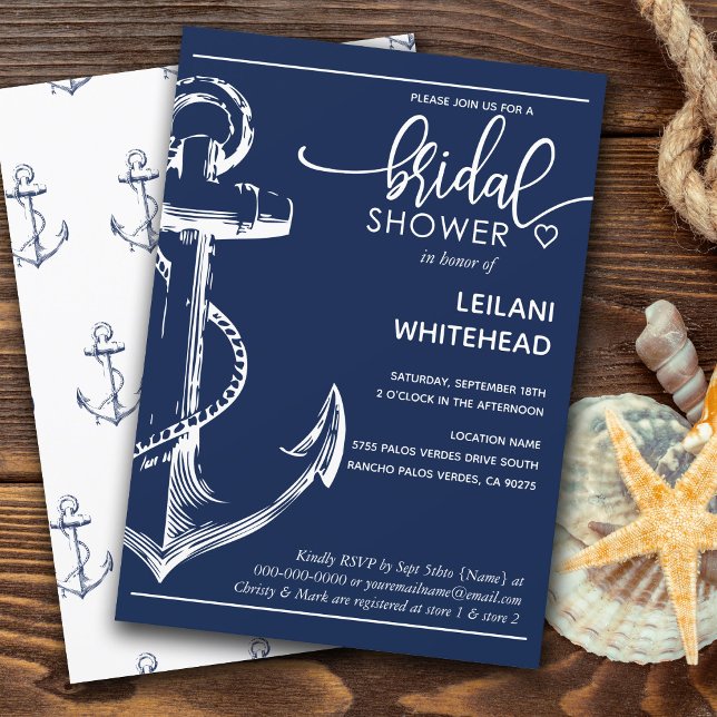 Invitación Nautical White Anchor Bridal Shower Navy (Subido por el creador)