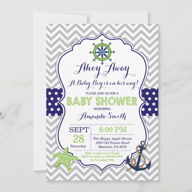 Invitación Náutico Baby Shower invita a la marina verde gris (Anverso)