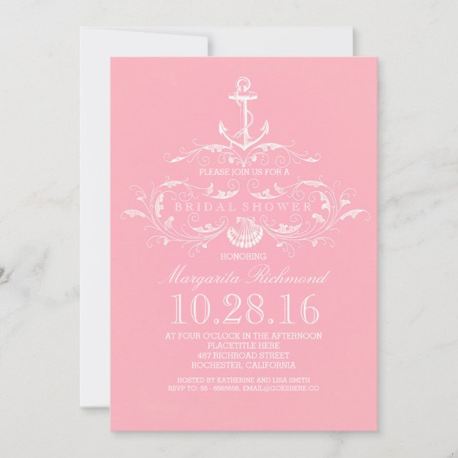 Invitación naútico de ancla blanca ducha de novia rosa invita (Anverso)