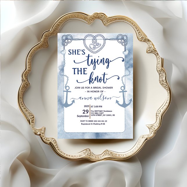 Invitación Náutico Fiesta de Despedida de Soltera "Ella Está  (Nautical She's Tying the Knot Bridal Shower Invitation template beach theme heart rope marine theme)