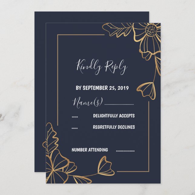Invitación Naval y floral dorada RSVP (Anverso / Reverso)