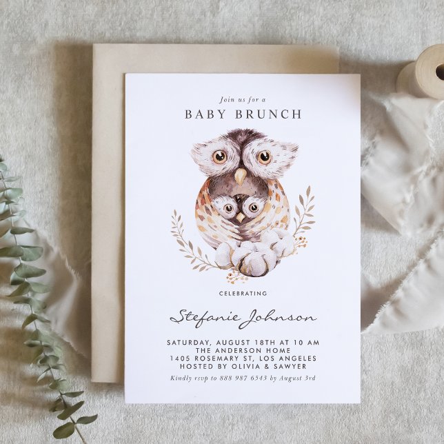 Invitación Nave acuarela Mommy and Baby Owen Baby Brunch (Woodland theme baby brunch invitation featuring watercolor mommy and baby owl illustration.)