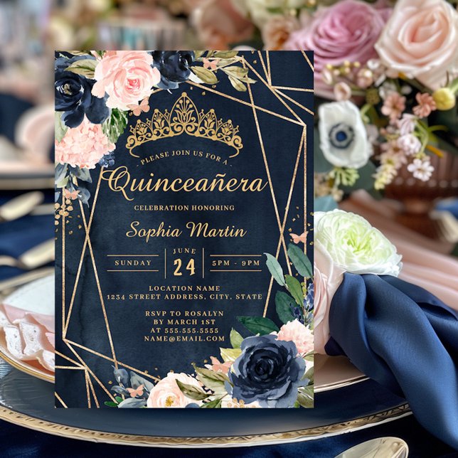 Invitación Nave Rubor Floral Mariposa Geométrica Quinceanera (Subido por el creador)
