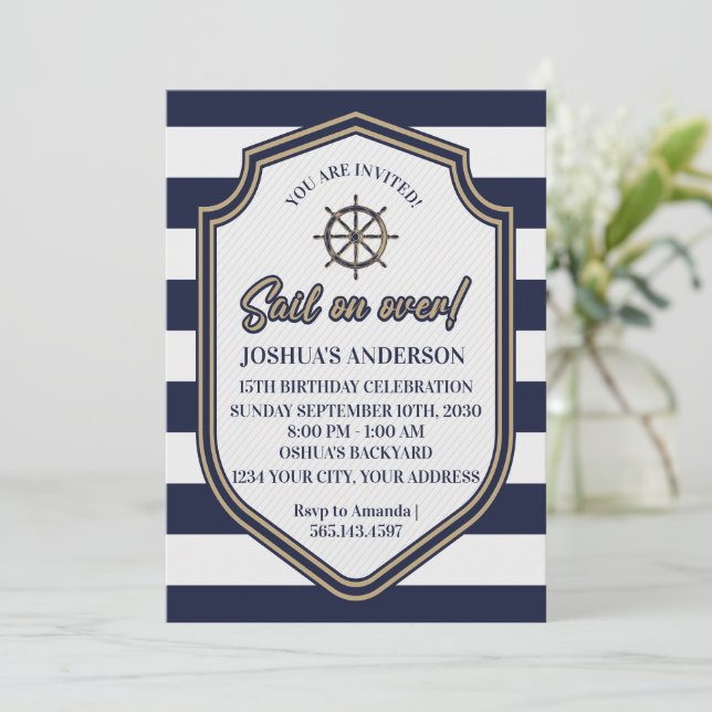 Invitación ¡Navega! Cumpleaños con tema náutico (Anverso de pie)