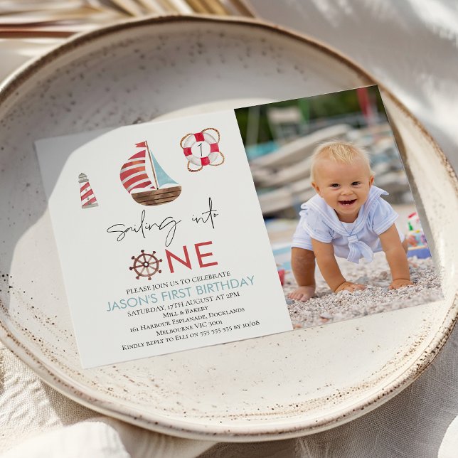 Invitación Navegación Náutica Moderna en Un Primer Cumpleaños (Boys Nautical Themed 1st Birthday Invitation Sail Boat First Birthday Invite baby Boy Surfing Into )