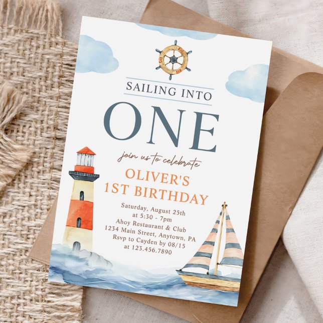 Invitación Navegar a un azul náutico Primer cumpleaños (Subido por el creador)