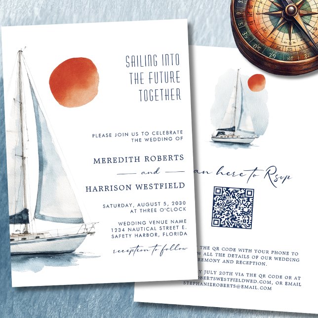 Invitación Navegar en el futuro juntos Boda náutico (Sailing Into The Future Together Sailboat Wedding Invitation 1)