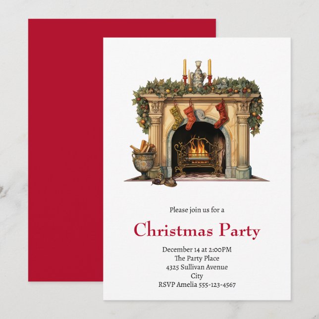 Invitación Navidad acogedora chimenea victoriana (Anverso / Reverso)