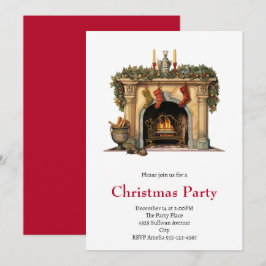 Invitación Navidad acogedora chimenea victoriana
