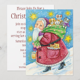 Invitación Navidad adorable, Santa Claus con gatitos y gatos!