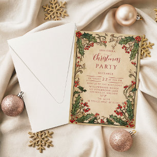 Invitación Navidad Antigua Holly Berry