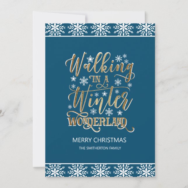 Invitación Navidad azul marino copos de nieve dorados Feliz N (Anverso)