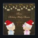 Invitación Navidad Baby Shower de los gemelos del muchacho y<br><div class="desc">El oro con clase hermoso y el navidad marrón Baby Shower de los gemelos del muchacho y del chica invita con un bebé lindo del muchacho y del chica con los gorras y los regalos de santa, una estrella bonita del oro, los ornamentos de la chispa elegante y los arcos...</div>