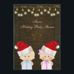Invitación Navidad Baby Shower de los gemelos del muchacho y<br><div class="desc">El oro con clase hermoso y los pares marrones Baby Shower del navidad de los gemelos del muchacho y del chica invita con un bebé lindo del muchacho y del chica con los gorras y los regalos de santa, una estrella bonita del oro, los ornamentos de la chispa elegante y...</div>