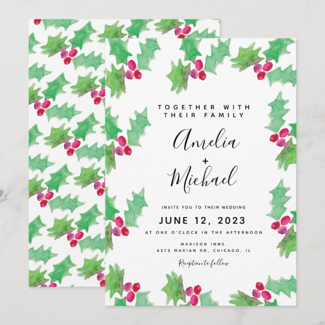 Invitación Navidad Boda de Watercolor Holly Berry (Anverso / Reverso)