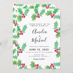Invitación Navidad Boda de Watercolor Holly Berry