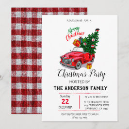 Invitación Navidad Camioneta Roja Acuarela Rústica
