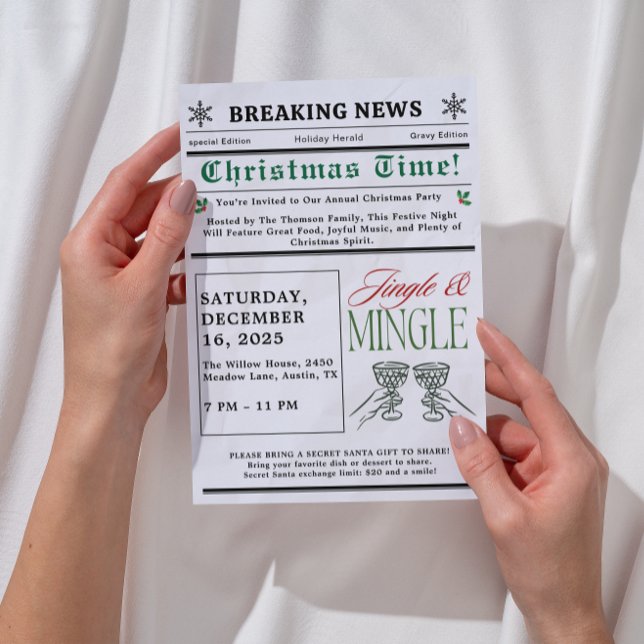 Invitación Navidad Cóctel Jingle y Mingle de periódico  (newspaper jingle and mingle christmas invitations exchange christmas cocktail party white elephant )