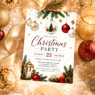 Invitación Navidad con Adornos Dorados Coloridos y Ramas de Á
