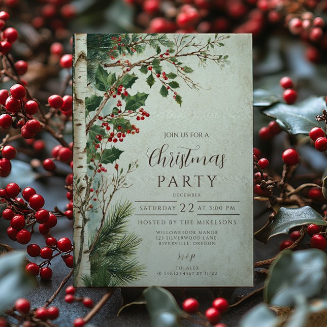 Invitación Navidad con Bayas de Acebo Rústicas (Subido por el creador)