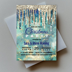 Invitación Navidad con brillantina dorada turquesa azul chic