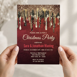 Invitación Navidad con gotas de brillo rojas, negras y dorada