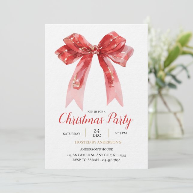 Invitación Navidad con lazo rojo moderno  (Anverso de pie)