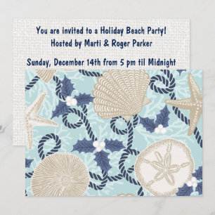 Invitación Navidad Costera Tropical Conchas Marinas - Azul