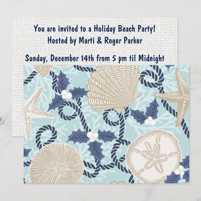 Invitación Navidad Costera Tropical Conchas Marinas - Azul (Anverso / Reverso)