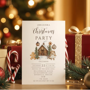 Invitación Navidad de Cabaña de Pan de Jengibre Rústica