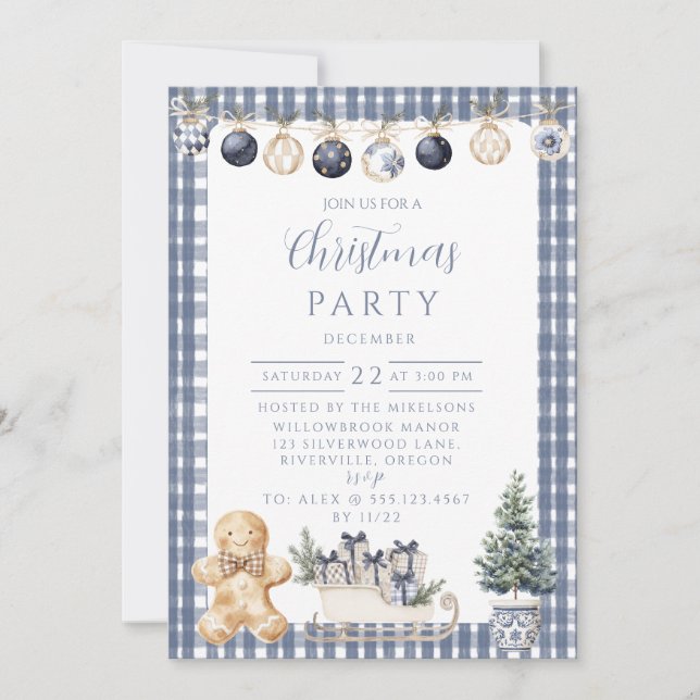 Invitación Navidad de Jengibre a Cuadros Azules (Anverso)