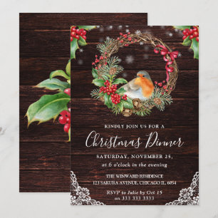 Invitación Navidad de Robin Rústico y Corona de Holly